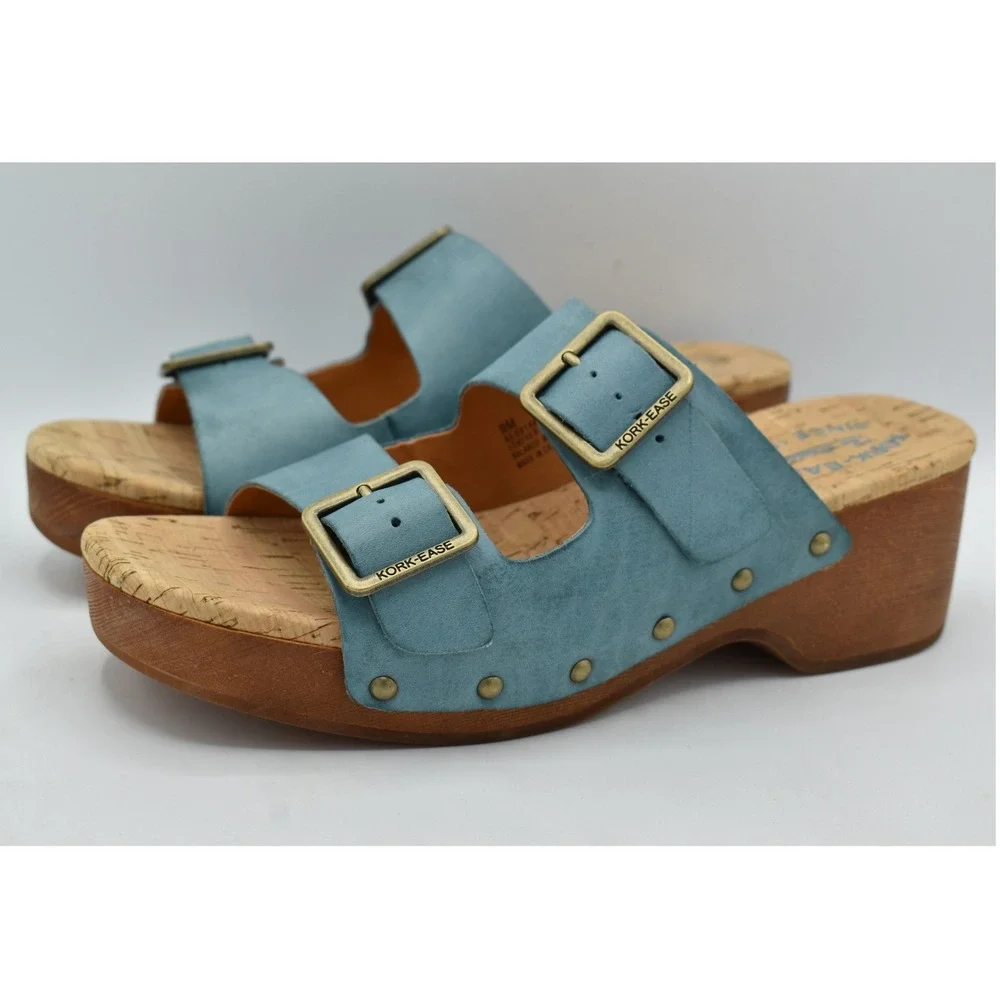 Kork-Ease Saffron Women 9 Turquoise Leather Cork Wedge Shoes Slide Sandals